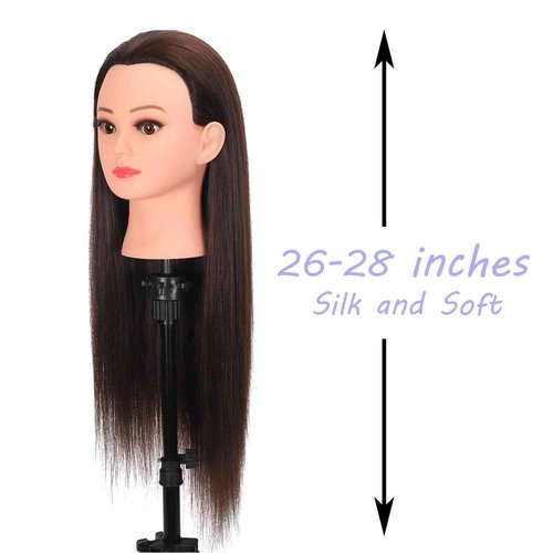 Mannequin Head with Hair 26“-28” Styling Training Manikin Cosmetology Doll Head Human Hair Blend and Free Clamp Holder (4#2)