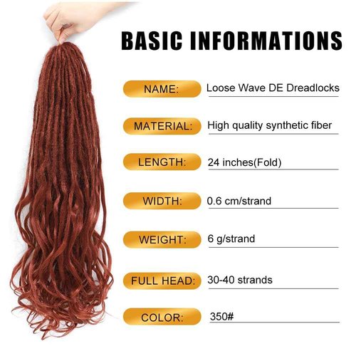 Aguacor Loose Wave Dreadlocks Synthetic French Curly Double Ended Dreadlock Extensions 24inches 30 Strands Thin Soft Red Brown Spanish Curly DE Dreadlock Extensions for Women (30 Strands, 350#)