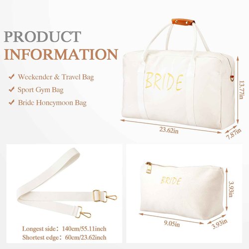 Cosblank 2 Pcs Wedding Weekender Bag for Women Bridal Shower Gifts Bride Travel with Shoe Compartment Shoulder Bride Bag with Chenille Letter Patch Makeup Gift for Wedding Engagement Honeymoon