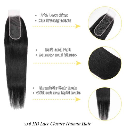2x6 HD Lace Closure Straight Human Hair 16 Inch 2 by 6 HD Lace Closure 100% Brazilian Virgin Unprocessed Middle Part Human Hair Kim K Closure With Baby Hair Natural Color