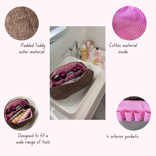 Sherpa Travel Bag for Hair Tools&Attachments–Compatible with Dyson Airwrap,Shark, Travel Storage Bag, Portable case Organizer,multifaction Large brown Cosmetic Bag with Pockets, Pink, Casual