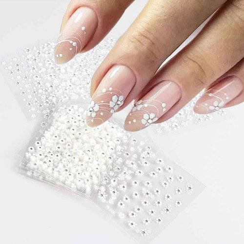 Flowers Nail Art Stickers 3D Self Adhesive Nail Art Supplies White Flower Stickers with Rhinestones Nail Design Floral Blossom Nail Decals for Nails Decorations Manicure Accessories 30Sheets
