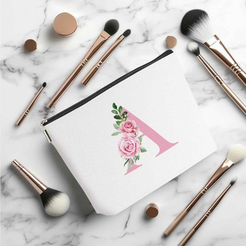 Pink Monogram Makeup Bag, Initial A, Cosmetic Bag Personalized Travel Organizer Bags Makeup Pouch, Monogrammed Gifts for Women Girls Friend Sisters Daughter Bridesmaid Wedding Bridal Shower Gifts