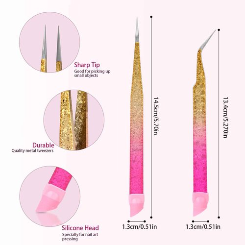 Double Ended Nail Art TweezersCurved,2Pcs Tweezers, Eyelash Tweezers, Straight Fine Tip Tweezers for Women with Silicone Pressing Tips, Suitable for Nail Art, Hair Removal, Jewelry