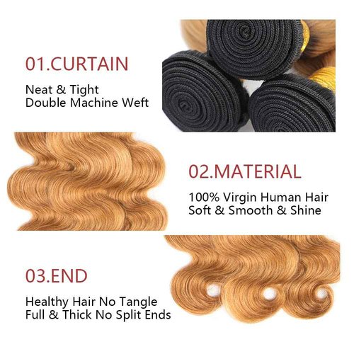 1B27 Ombre Body Wave Bundle Blonde Human Hair 3 Bundles 100% Unprocessed Virgin Hair Brazilian Double Weft Extensions Blonde Color 10 12 14 Inch For Women