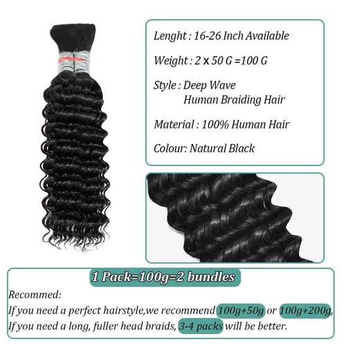 Human Boho Braiding Hair 100% Human Hair Deep Wave 20 Inch Knotless Braids Hair Unprocessed Virgin Brazilian Hair Extensions Bulk 2Bundles /Pack Wet & Wavy No Weft Natural Color 12A