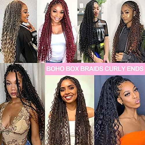 Unionbeauty 30 Inch Boho Box Braids Crochet Hair 8 Packs Boho Goddess Box Braids Crochet Hair for Black Woman Crochet Box Braids with Curly Ends Bohemian Hippie Crochet Braids Hair Extension 1B#