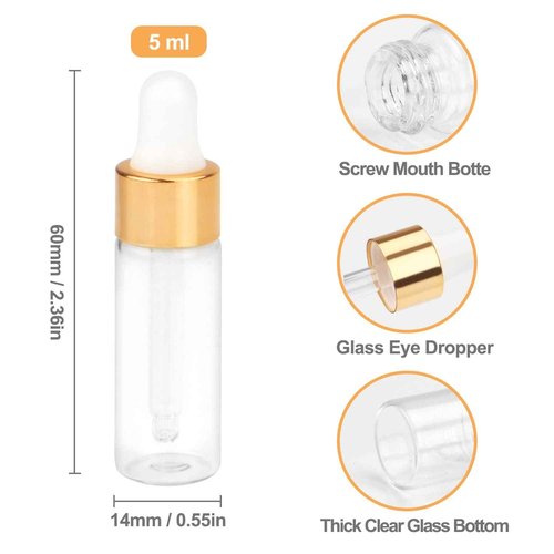Empty Transparent Glass Bottles, 5ml Essential Oil Dropper Bottle, Makeup Sample Storage Containers With Gold Head, White Cap & 2 Straws, 50pcs (Pack of 2)