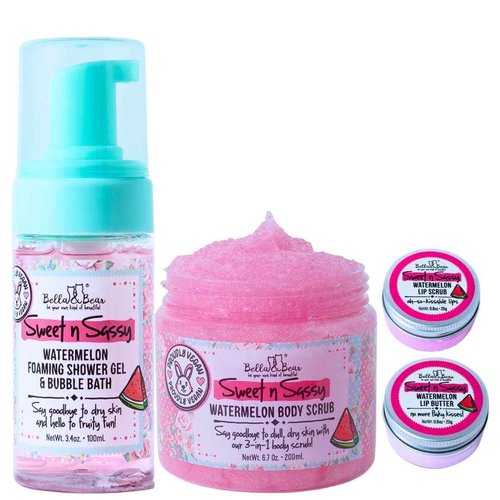 Bella & Bear Sweet 'n; Sassy MIdi Bath & Body Gift Set with Foaming Shower Gel & Bubble Bath, Body Scrub & Lip Scrub and Lip Butter. Great Gifts for Women Birthdays, Girlfriends, Bridesmaids