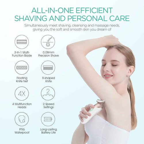 VOYOR Electric Razors for Women 4 in 1 Bikini Trimmer, Foil Shaver for Women 4 Replacement Heads for Body, Pubic Hair Trimmer, Cleansing, Massage 2 Adjustable Speeds Rechargeable Shaver ES501 (Gold)
