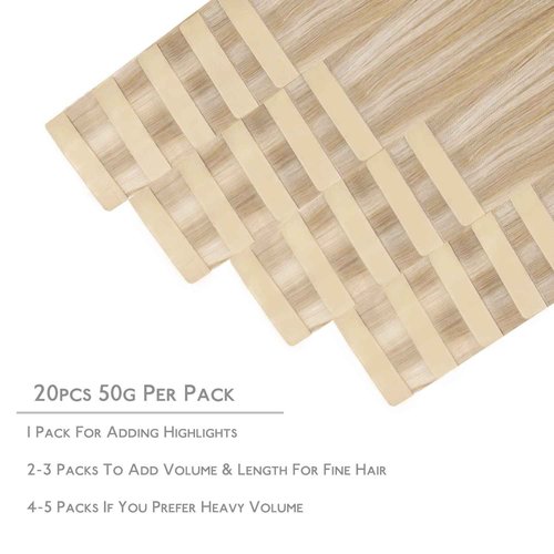WENNALIFE Tape in Hair Extensions Human Hair, 20pcs 50g 18 inch Dirty Blonde Highlighted Bleach Blonde Remy Hair Extensions Straight Human Hair Tape in Extensions Skin Weft Extensions Hair