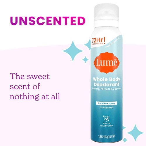 Lume Invisible Spray Deodorant For Women - Whole Body Deodorant Spray - 72 Hr Odor Control - Ozone Friendly, Natural Propellant - Aluminum & Baking Soda Free, Skin Loving - 3.6 ounce (Unscented)
