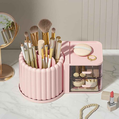 STORICANS Makeup Organizer Countertop,360 Rotating Makeup Brush Holder With 2 Drawers,Small Preppy Organizer |9.25x5.11inch|Pink