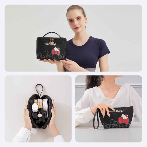 Vimanllie Travel Makeup Bag Large Cosmetic Bags with Brush Holder, Black Waterproof 3PCS Portable Cosmetic Case for Women, Toiletry Bag for Skincare & Beauty Tools for Her
