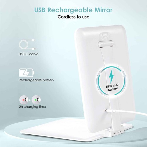 7.8" x 6.1" Rechargeable Travel Makeup Mirror with Lights and Small 10X Magnification, Foldable Stand with Adjustable Height & Angle, 3 Light Colors LED Lighted Vanity Mirror (White)