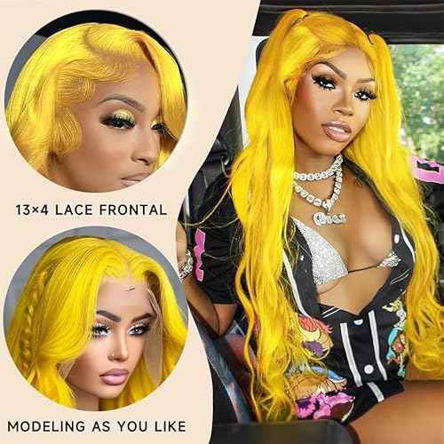 28 Inch Yellow Wig Human Hair 13x4 Yellow Lace Front Wig Human Hair Body Wave Lace Front Wigs Human Hair Blonde Wig Human Hair Colored 200% Density HD Frontal Wigs human hair