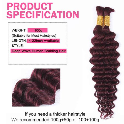 Deep Curly Human Braiding Hair for Boho Braids Burgundy Deep Water Wave Human Hair Braiding Hair No Weft Hair Bundles for Bohemian Knotless Braids 20 22 Inch Bulk Human Hair for Braiding 50g/Bundle