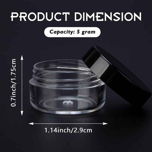 50 Count 5 Gram Sample Containers, Clear Lip Balm Containers with Lids, Small Plastic Sample Jars with 4 Mini Spoons, 50pcs Labels (Black Lid)