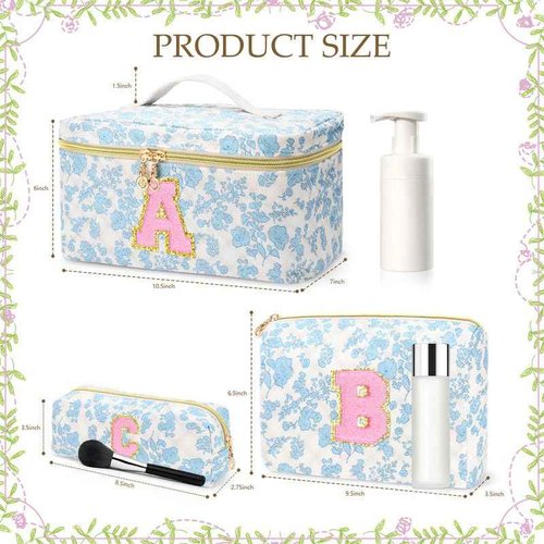 DOSUKE 3 PCS Travel Makeup Bag Set,A-Z Initials Cotton Make up Bag Floral Quilted Cosmetic Bag for Girls and Women,Personalized Christmas Gifts,Cute Toiletry Travel Accessories Brushes Bags-K