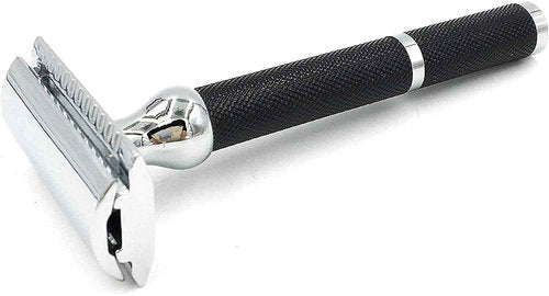 Parker 71R Medium Weight Long Handle Double Edge Safety Razor with 5 Parker Platinum Stainless Steel Razor Blades - Black Electroplated Brass Handle