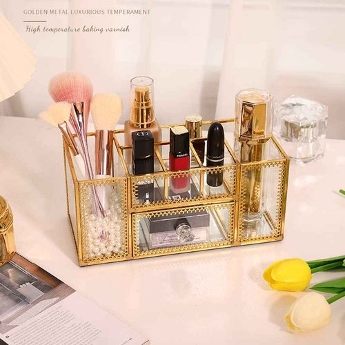 YUEHUA Makeup Brush Holder Organizer,Clear Glass Nail Polish Lipsticks Cosmetic Organizer for Vanity Bathroom Bedroom Office
