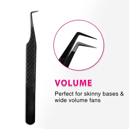 TDANCE Lash Tweezers for Eyelash Extensions, Diamond Grip 90 Degree Fiber Tip Lash Tweezers for Volume Lashes Make Fans, Stainless Steel Lash Extension Tweezers(Black-05)