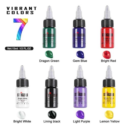 STIGMA Professional Tattoo Ink Color Set 7 Colors with 15 ml 1/2oz per Bottle Tattoo Ink Set for Tattoo Artist and Beginners Tattoo Supplies TI4003-15-7