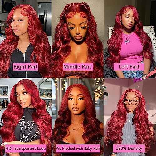 Burgundy Lace Front Wig - 180% Density, 13x4, Body Wave, Baby Hair - 24 Inch Human Hair HD Lace Wig Pre Plucked