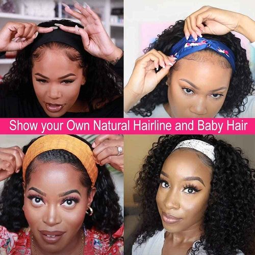 mengkai 10 Inch Curly Headband Wig Human Hair Natural Color Glueless Headband Wigs for Women None Lace Front Wigs With Headband Attached Human Hair Wigs