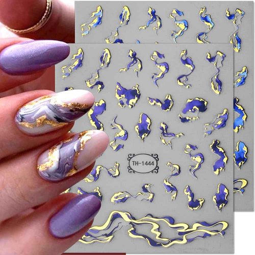 3D Gild Stamping Marble Nail Stickers, Blue Purple Marble Nail Art Stickers Bronzing Gold Nail Decals for Nail Art Supplies, Irregular Ribbon Nail Sticker Nails Design Self Adhesive Stickers for Nails