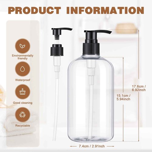 Gandeer 8 Pcs Plastic Pump Bottles Empty Lotion Bottle with Pump Refillable Dish Soap Dispenser Portable Hand Soap Dispenser Shampoo Lotion Container for Oil Liquid Soap(Clear,16 oz)