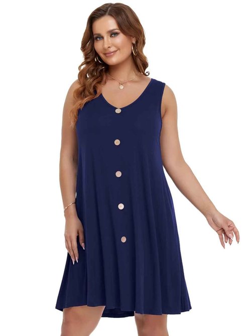 BELAROI Plus Size Summer Dresses Sundress for Curvy Women Beach Swimsuit Coverup Casual V Neck Button Sleeveless Tshirt Vacation Tank Dress with Pockets(3X,Navy Blue)