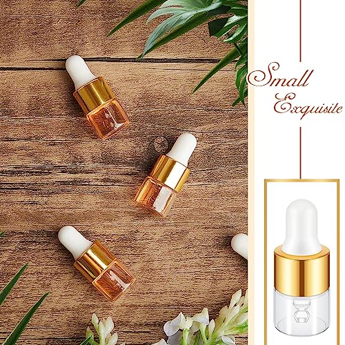 100 Pcs Mini Glass Oil Dropper Bottle Bulk, Clear Essential Small Empty Bottles Sample Containers Perfume Liquid Vials with Cap for Traveling (1 ml,Gold)