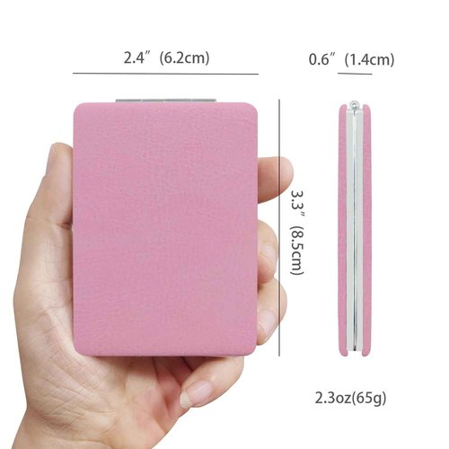 PDOZV Small Compact Mirror for Purse, 2 Pcs Rectangle 2.4”×3.3” PU Style Double Sided 1X/3X Light Pink Pocket Mirror for Women (Light Pink)