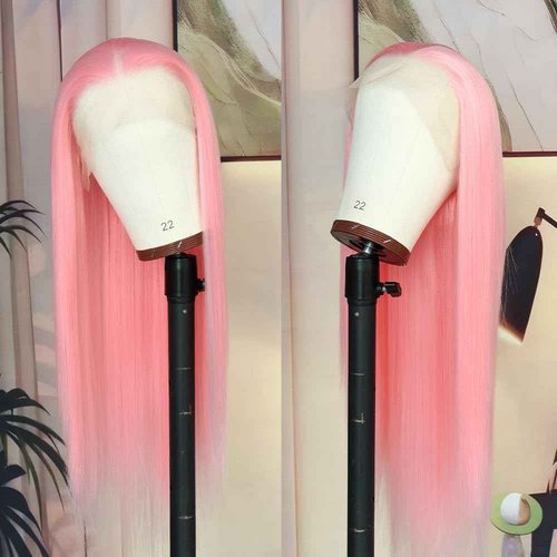 Oxeely Light Pink Synthetic Lace Front Wigs Long Straight Hair Pink Lace Wigs Natural Hairline Pre Plucked Glueless Synthetic Lace Wigs Heat Resistant Fiber Hair Light Pink Wigs for Women Daily Wear