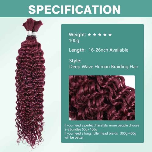 Human Braiding Hair 100g 16 Inch Deep Wave Bulk Human Hair for Braiding 2 Bundles/Pack No Weft Brazilian Virgin Deep Curly Human Hair Extensions Color 99J Burgundy Braiding Hair for Micro Braids