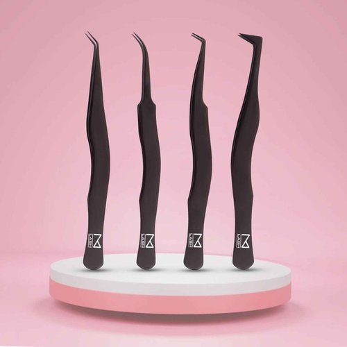M LASH Eyelash Tweezers for Eyelash Extensions (Set of 4) - Professional Lash Extension Tweezers - Fiber Tip Lash Tweezers, Japanese Steel, Diamond Grip For Flawless Application (Black)
