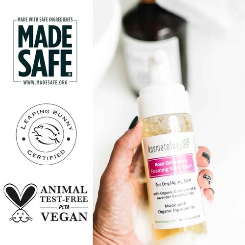 kosmatology Rose Geranium Face Wash | Smooths Skin | Reduces Fine Lines, Wrinkles & Puffiness | Gentle Foaming Cleanser with Natural Ingredients for Youthful Skin | 6 oz
