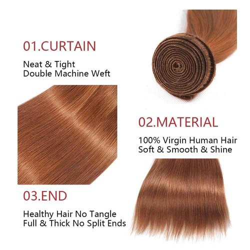Color 30 Straight Human Hair Bundles Light Brown Straight Bundles Brazilian Virgin Remy Hair Extensions Tangle-Free 8 10 12 Inch
