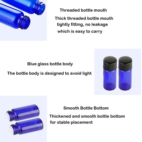 PYAWI 36Pcs Cobalt Blue Glass Bottles For Essential oils 5ml, Empty Refillable Vials Sample Bottles, with Orifice Reducers and Black Caps (5ml)