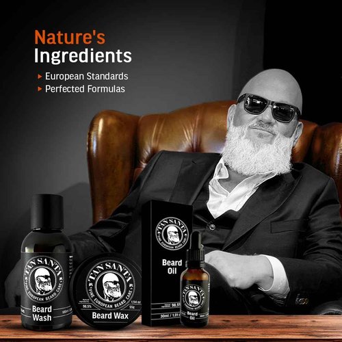 Tan Santa Beard Care Kit for Men - 3 pack - Beard Oil, Beard Wash, and Beard Wax. Small batch European formulations