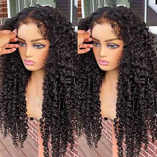 Kinky Curly Edges Hairline 13x4 Lace Front Wigs Human Hair Transparent HD Lace Frontal Wig Pre Plucked Pre Bleached Knots 4C Edges Baby Hair Deep Wave Curly Wig 180% Density (16inches)