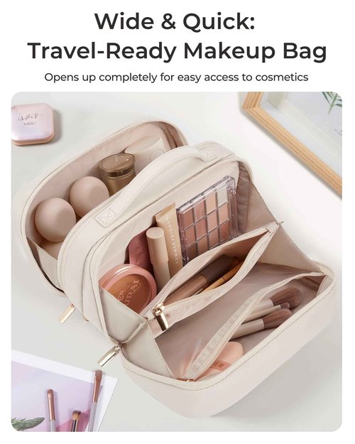 BAGSMART Travel Makeup Bag, Make Up Bag with Multiple Compartments for Organizer, Durable & Compact Cosmetic Organizer for Women for Travel Accessories (Beige)