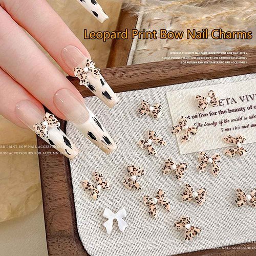 KACHIMOO 60 PCS Bow Charms Leopard Print Bow Nail Charms 3D Nail Charms for Acrylic Nails for Nails Design and DIY Crafts Decoration