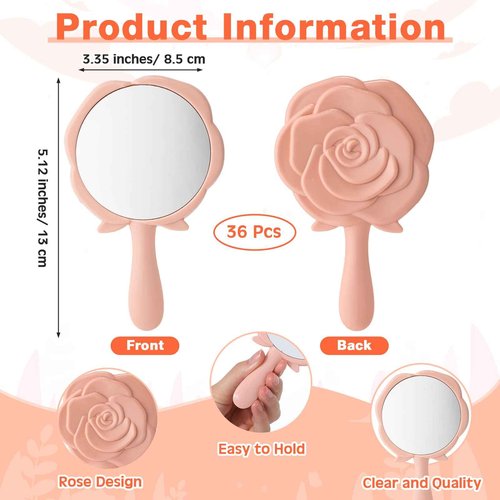 Wesiti 36 Pcs Handheld Compact Rose Design Princess Mirror Portable Makeup Mirror for Girls & Women Princess Party Favors Quinceanera Party Favors (Pink)