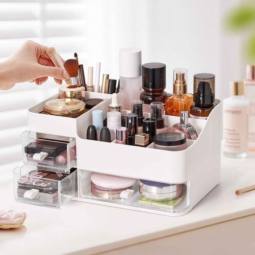 KPX Makeup Organizer Countertop for Vanity, Bathroom Makeup and Skincare Organizer, Cosmetic Storage Care Display Case With 3 Drawers for Lipstick, Nail Care and Jewelry (White Style)