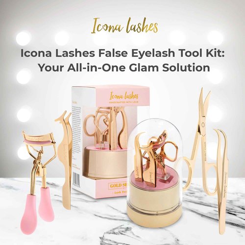 Icona Lashes 4-in-1 False Eyelash Tool Kit - DIY Lash Extension Kit with Tweezer, Curler, Scissors, Applicator - 24K Gold Plated Stainless Steel Accessories in Clear Dome Organizer, Beautiful Gift Box