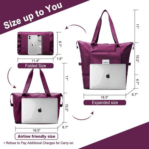 WOOMADA Foldable Travel Duffel Bag, Weekender Bags for Women, Tote Bag with Expandable Space, Carry on bags for airplanes with Wet Pocket & Trolley Sleeve, Gym Bag for Women, Lightweight (purple)