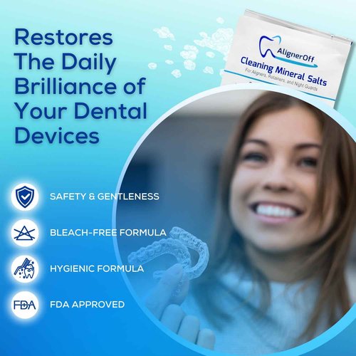 AlignerOff Cleaning Mineral Salts – Cleaner Crystals for Aligners, Retainers, Nightguards, & Dentures– Removes Stains, Plaque & Odors – Daily Safe Formula for Dental Appliances-3g Powder