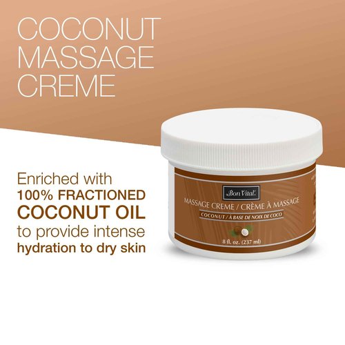Bon Vital' Coconut Massage Creme Made with 100% Pure Fractionated Coconut Oil, Moisturizer to Repair Dry Skin, No Greasy Feel, Anti-Aging Cream for Professional Massage, 8 Ounces (Packaging May Vary)